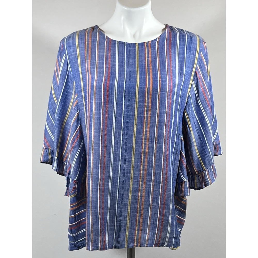 Parsley Sage Ruffle Sleeve Blouse Womens Medium Blue Striped Rayon Boho Chic